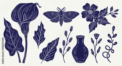 Botanical collection in linocut style featuring calla lily, moth, flowering branches, decorative leaves, and a rustic vase perfect for vintage aesthetic home decor or craft projects