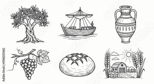 Discover essential traditional and agricultural symbols such as an olive tree, ancient ship, amphora, grapes, bread, and wheat field for history and food related content creation.