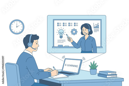 Online education and professional development concept. Male character participating in video conference or virtual workshop. E-learning platform and remote training. Digital home schooling flat vector