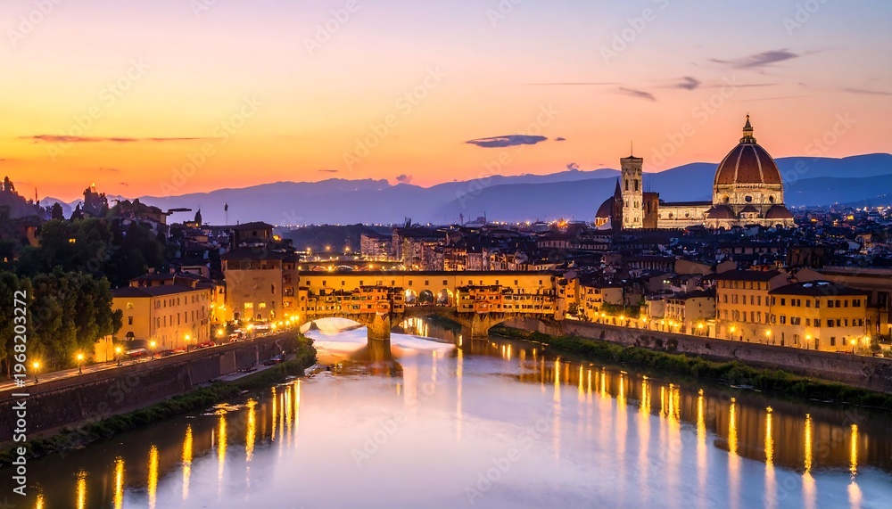 Fototapeta premium A serene cityscape at sunset with a river and historic buildings