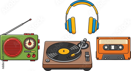 Collection of vintage audio devices including a radio, headphones, record player, and cassette.