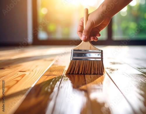 Close-up shot of a hand holding a paintbrush and varnishing wooden floorboards with a glossy finish. Sunlight shines through