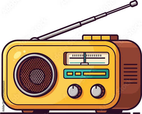A retro-style yellow and brown portable radio with an extended antenna and tuning dial, depicted in a cartoon illustration.