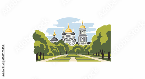 Stylized illustration of a grand church with golden domes and surrounding parkland