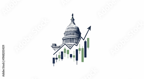 Stylized illustration of a government building with an upward trending stock chart