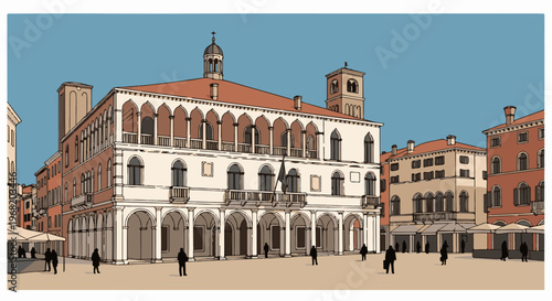 Stylized illustration of a grand building with arched walkways in a European city square