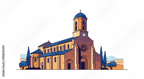 Stylized illustration of a grand church with a bell tower and surrounding landscape