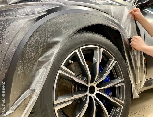 A car wrapping specialist applies a polyurethane film to the car. Selective focus. PPF protective film against chips and scratches. Car wrapping, detailing, tuning and styling. Detailer smoothes PPF. 