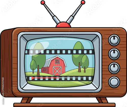 A cartoon illustration of a vintage wooden television set with rabbit-ear antennas displaying a rural farm scene with a red barn and trees, framed by film strips.