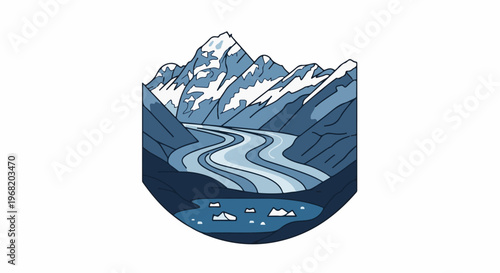 Stylized illustration of a glacial valley with a winding river and icy lake