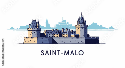 Stylized illustration of a fortified coastal city with prominent towers