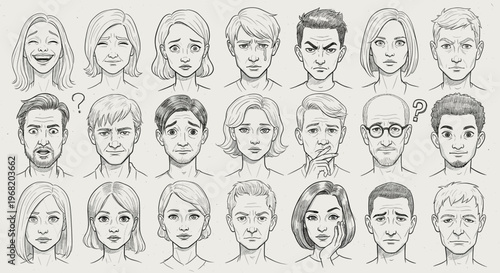 A comprehensive set of diverse human facial expressions showcasing a wide range of emotions and moods for use in psychological studies or communication materials