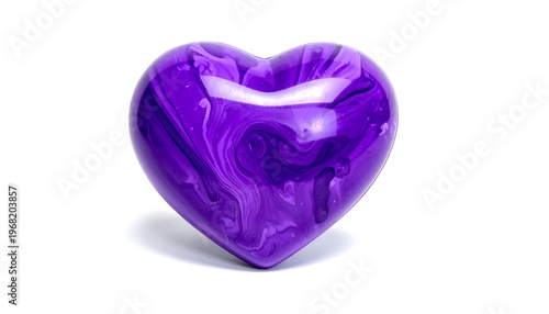 A heart-shaped object, displaying swirling shades of purple and white, has a glossy surface against a white background