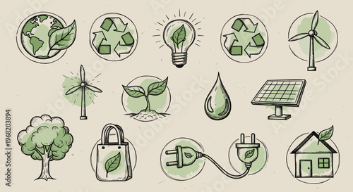 Environmentally conscious icons showcasing renewable energy sources, recycling, and sustainable living for ecofriendly projects and presentations