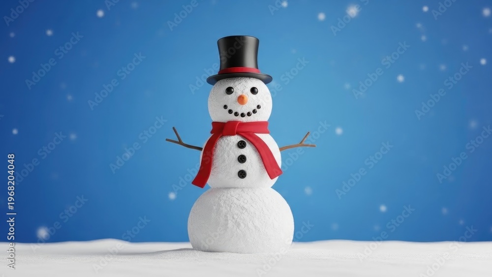 Fototapeta premium Snowman with top hat and scarf stands in snow, against a blue, snowy backdrop