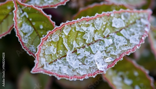 Green leaf covered with ice shards and fros