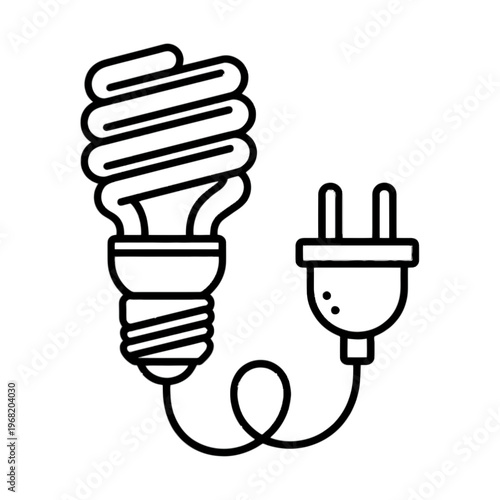Minimalist linear icon of energy saving fluorescent light bulb connected to electric plug symbol for sustainable power concepts on transparent background