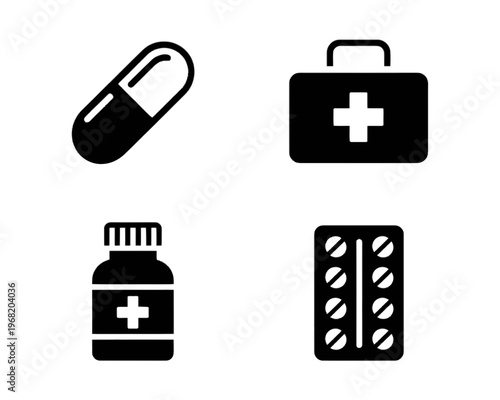A set of four black and white medical icons including a capsule first aid kit pill bottle and pills on transparent background