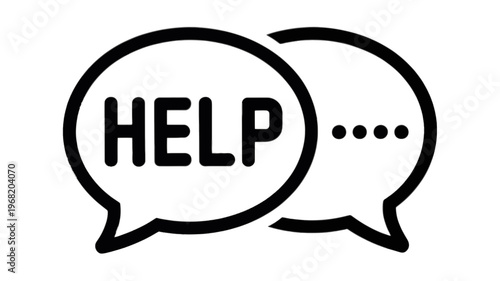 Black and white illustration of two speech bubbles with 'help' on transparent background for support concepts