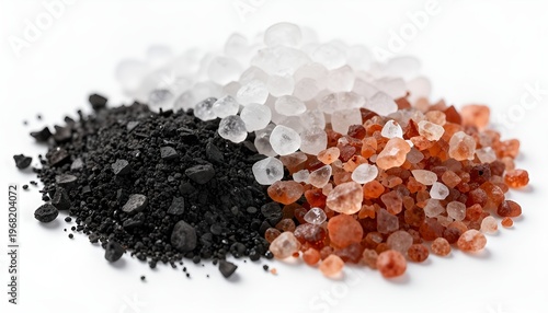 Himalayan pink salt, black charcoal powder and white sea salt crystals