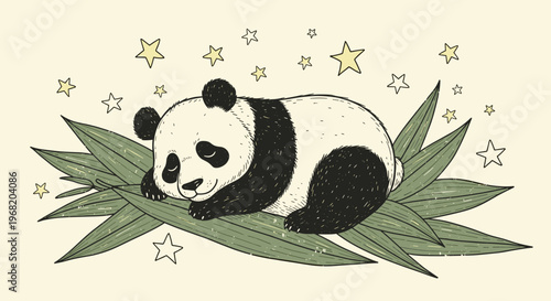 Serene baby panda cuddled on lush green foliage with sparkling stars floating above, suitable for quiet moments, wildlife awareness, or gentle storytelling
