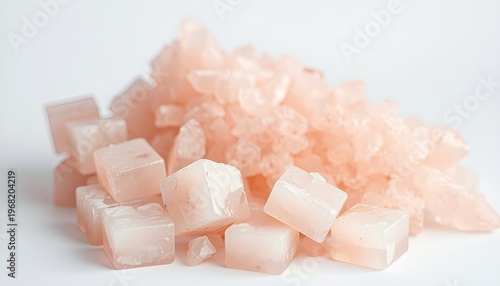 Pink salt cubes next to pile of coarse Himalayan salt crystals