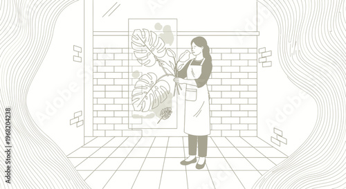 Florist Arranging Tropical Leaves in Modern Shop