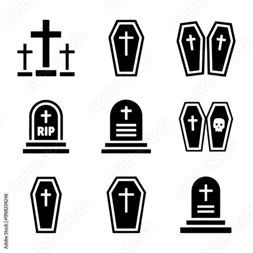 A set of 9 black and white minimalist funeral icons including crosses and coffins on transparent background