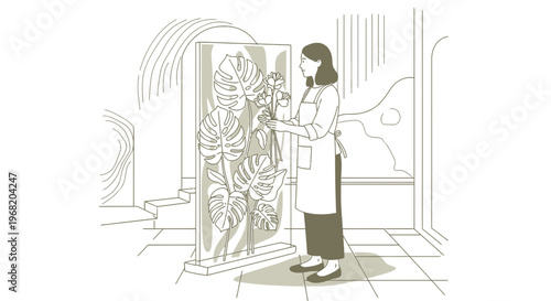 Florist Arranging Tropical Monstera Leaves in Modern Interior