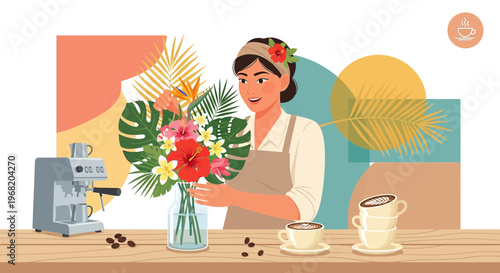Florist Arranging Tropical Flowers with Coffee Machine and Beans