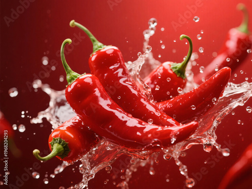 Red Chilli Splash Water Red Background