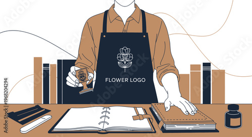 Florist Creating Flower Logo Stamp with Ink and Books