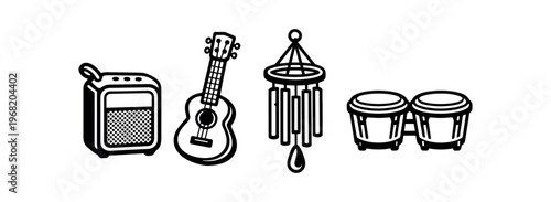 Outdoor music and percussion icon set. portable amplifier, acoustic guitar, wind chime, bongo drums, camping concert, festival sound. line and flat vector illustration.