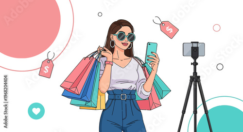 Fashionable Woman Shopping with Bags and Smartphone, Influencer Recording Video