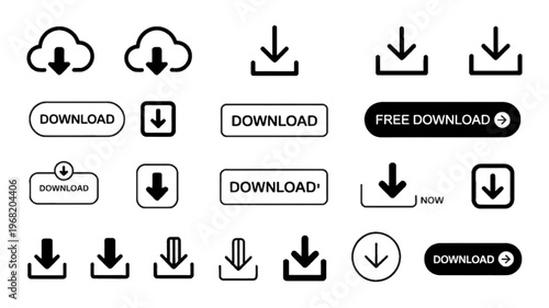 Set of fifteen diverse black and white download icons and call to action buttons with arrows and cloud symbols for web interface design on transparent background