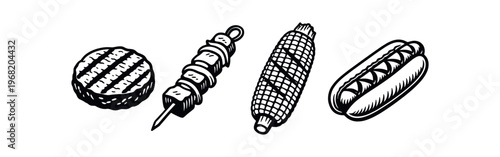 Grilled food icon set. burger patty, kebab skewer, corn on the cob, hot dog, picnic and barbecue snacks. line and flat vector illustration.