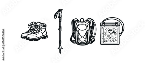 Hiking gear icon set. hiking boot, trekking pole, backpack, map case, outdoor adventure equipment. line and flat vector illustration.