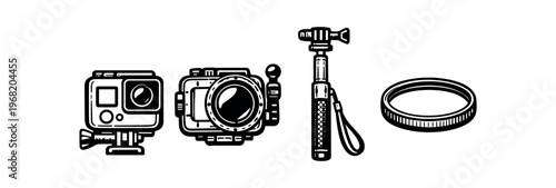 Action camera icon set. action cam, waterproof housing, selfie stick, lens filter, mount, adventure, travel. line and flat vector illustration.