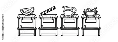 Market stall icon set. lemon wedge, candy stick, pitcher, salad bowl, vendor, food stall, produce. line and flat vector illustration.