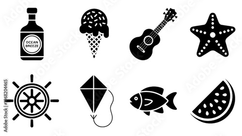 Set of eight black flat summer vacation icons including marine elements and leisure activities arranged in a grid pattern on transparent background