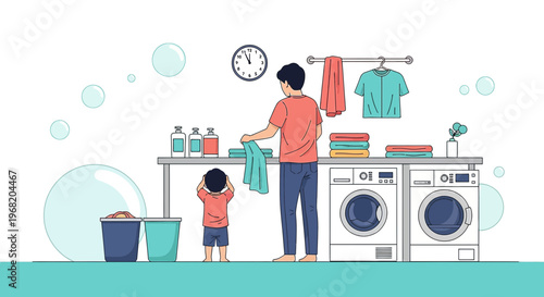 Father and Son Doing Laundry Together, Household Chores, Family Bonding