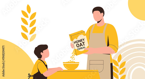 Father and Son Making Breakfast Cereal Together, Healthy Morning Meal