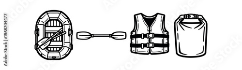 Inflatable raft and paddling gear icon set. raft, oar, life jacket, dry bag, boating, river, safety, outdoor recreation. line and flat vector illustration.
