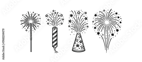 Handheld sparkler and fireworks icon set. sparkler, firecracker, party cone, burst, celebration, spark, holiday, festive. line and flat vector illustration.