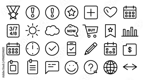 Set of thirty thin line interface icons featuring essential business and web navigation symbols arranged in a grid pattern on transparent background