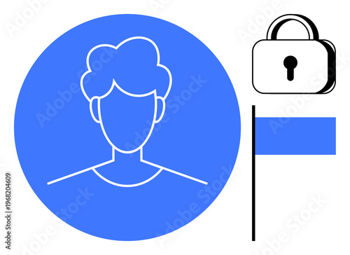 Identity verification, online privacy, data protection, digital safety, cybersecurity, personal security. Outline of user profile with lock and flag. Identity verification and online privacy