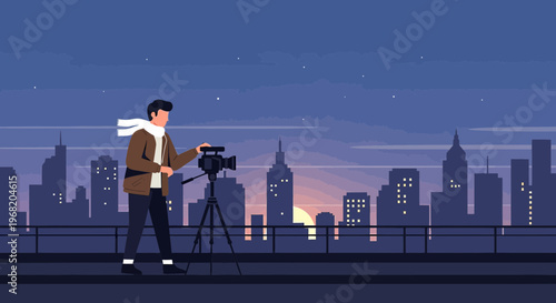 Filmmaker Filming Cityscape at Dusk with Sunrise Behind Buildings