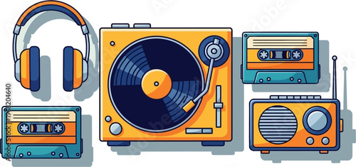A collection of retro audio equipment including headphones, a turntable with a vinyl record, two cassette tapes, and a radio, depicted in a flat, colorful cartoon style.
