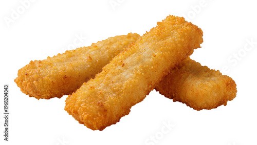 Golden crispy fried fish sticks with textured breading, perfectly arranged isolated on transparent background for menu designs and promotional material