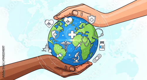 Diverse hands holding a globe with medical symbols around it representing global healthcare and unity in medicine